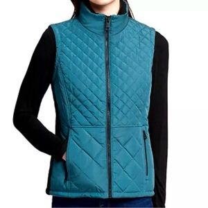 Andrew‎ Marc Womens Sz Medium Blue Teal Puffer Quilted Zip Up Vest Knit Sides